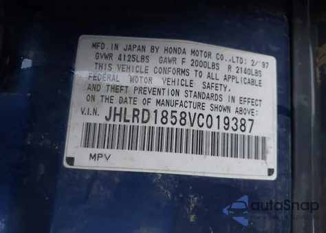 1997 Honda Cr-V from USA, damaged, VIN JHLRD1858VC019387